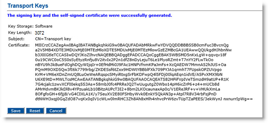 Transport Keys dialog box with a self-signed certificate and a Save button, a Reset button and a Cancel button
